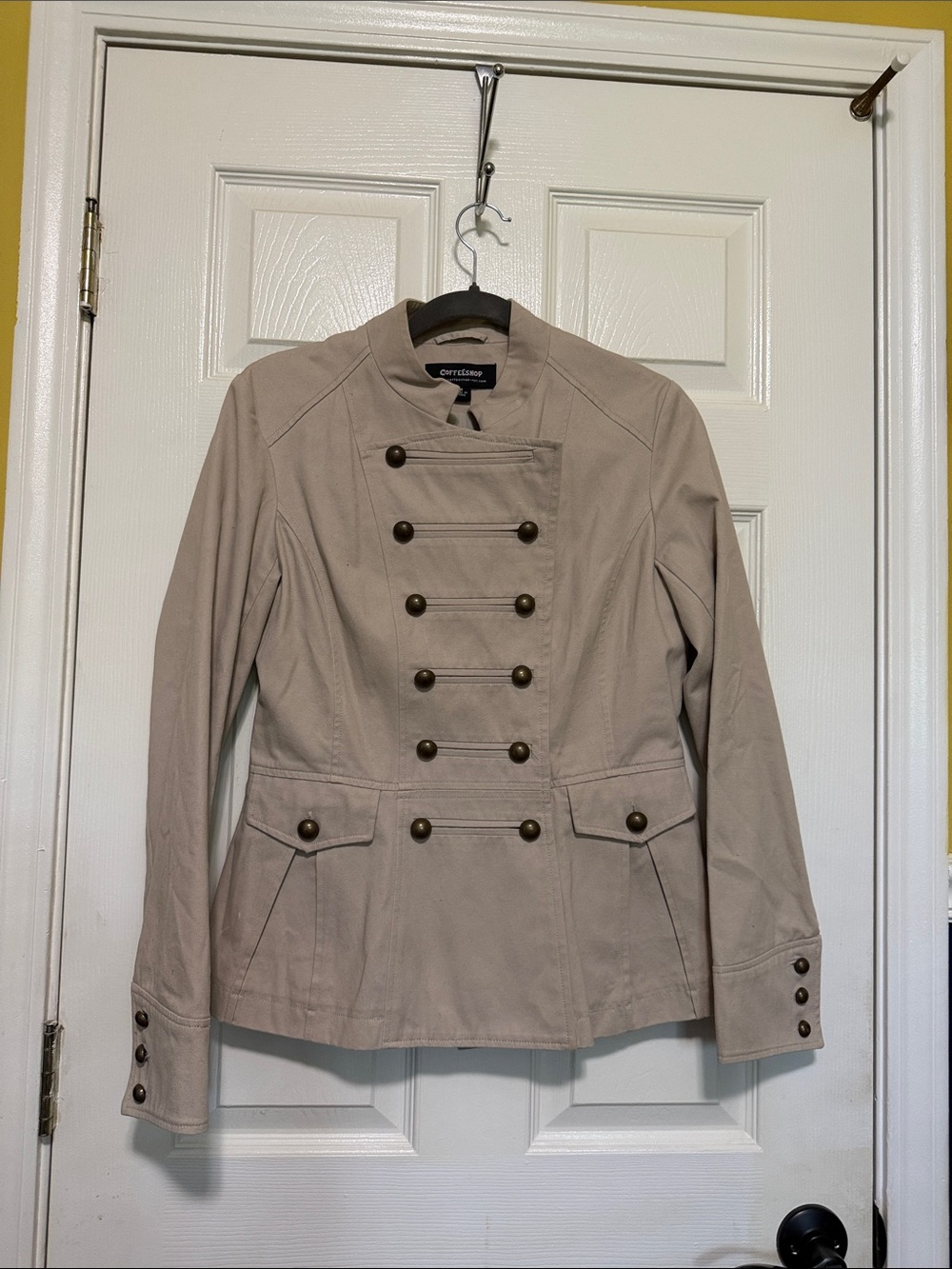 CoffeeShop Beige Double-Breasted Military-Style Trench Jacket